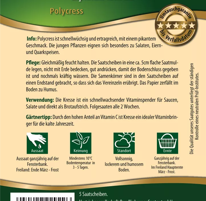 Kresse Polycress, Saatscheiben Kresse Polycress, Saatscheiben