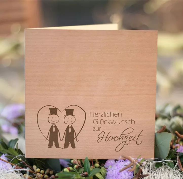Holzgrußkarte - Glückwunsch zur Hochzeit Brautpaar Männer
