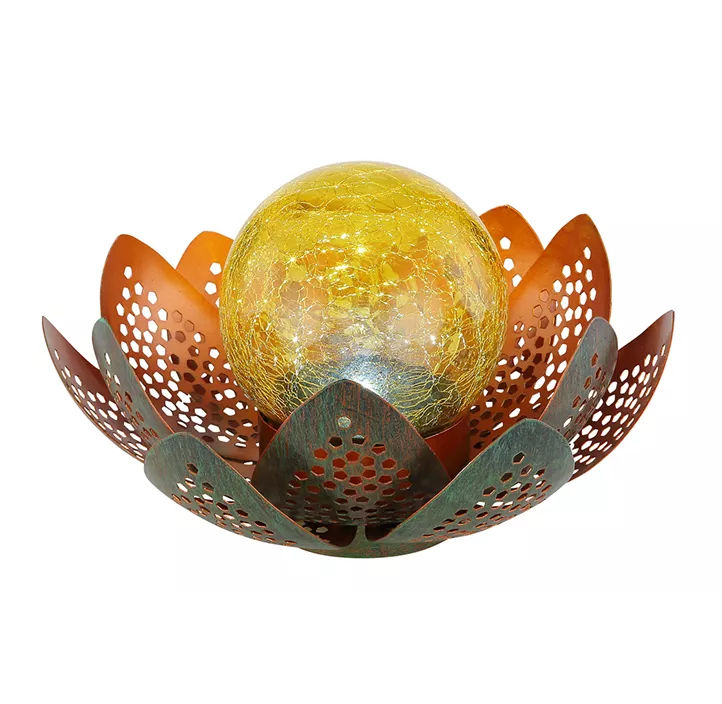 Solarleuchte Blume mit Glaskugel, Glas crackle amber,