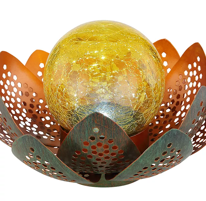 Solarleuchte Blume mit Glaskugel, Glas crackle amber,