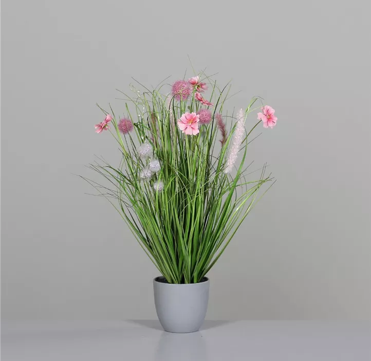 Wiesenblumen im grauen Kunststofftopf