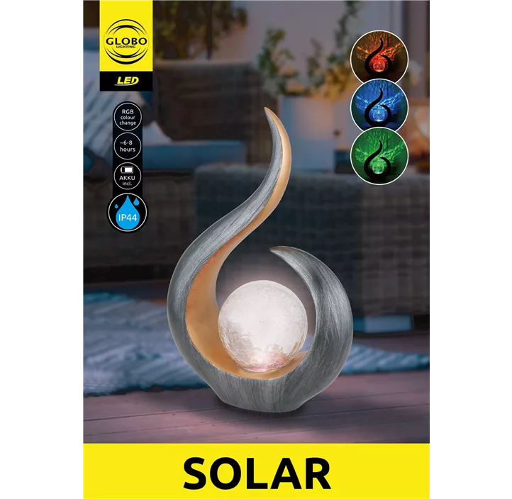 Solarleuchte geschwungen mit Glaskugel und RGB Farbwechsler