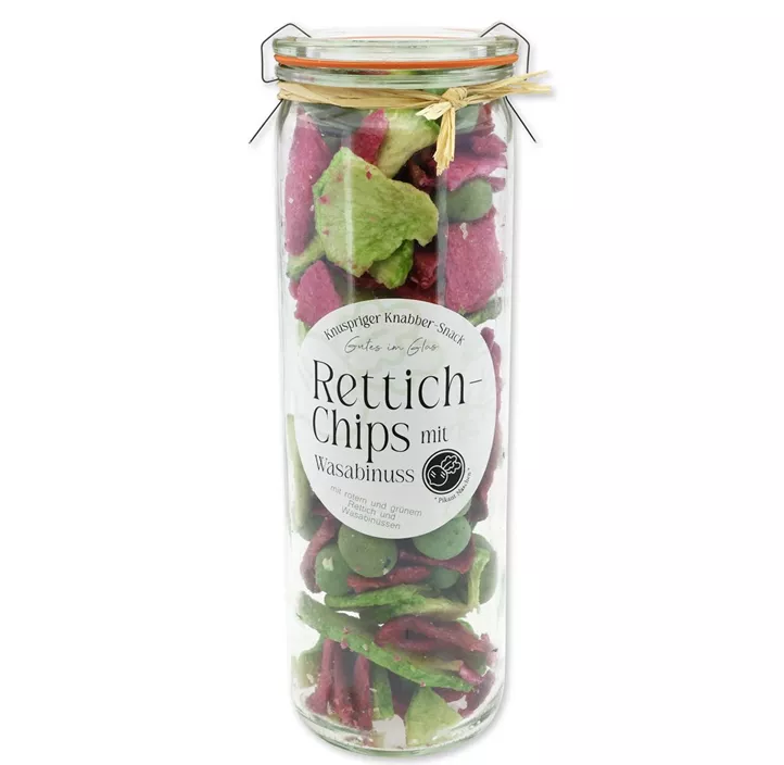 Rettich Chips im Zylinderglas