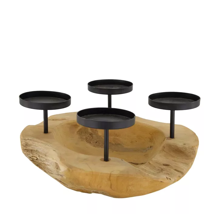 Teak Schale mit 4 Kerzenhalter
