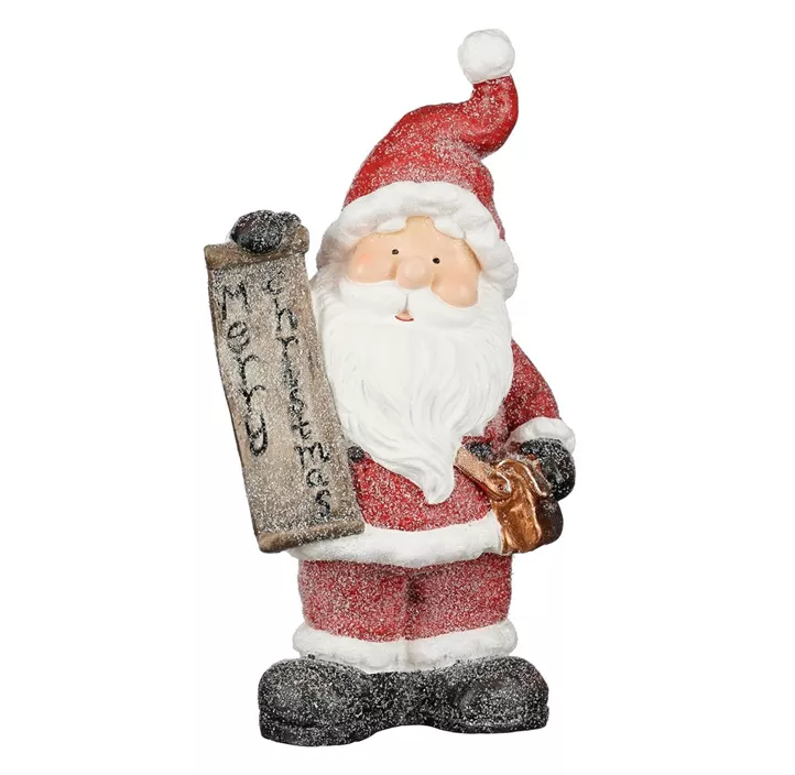 Weihnachtsmann mit Schild Merry Christmas