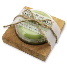 Schafmilchseife Eisenkraut auf Olivenholz-Seifenschale