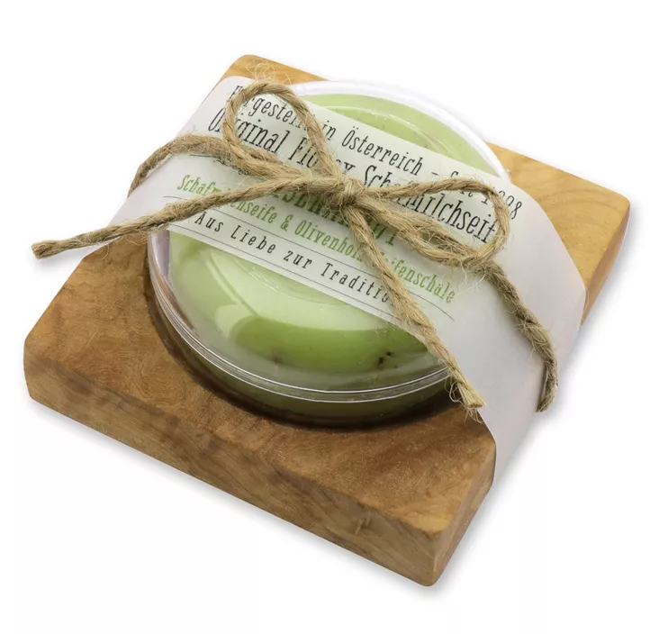 Schafmilchseife Eisenkraut auf Olivenholz-Seifenschale