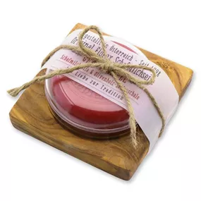 Schafmilchseife Granatapfel auf Olivenholz-Seifenschale