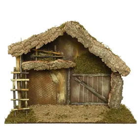 Weihnachtskrippe aus Holz mit Rindendach