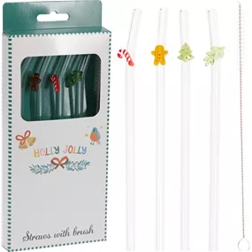 Glastrinkhalme mit Weihnachtsmotiven, 4er-Set inkl. Reinigungsbürste